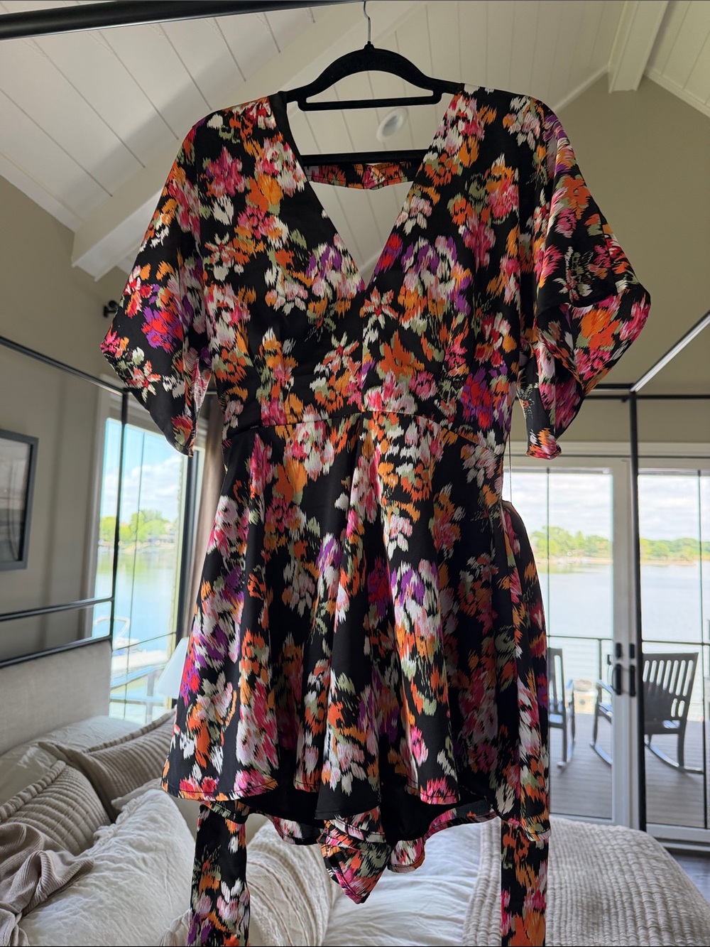 Floral V-Neck Black Dress with Pink & Orange Blooms